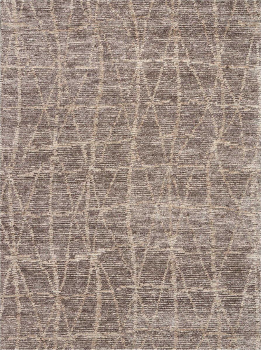 Kortana hand-knotted wool and bamboo silk rug featuring a warm taupe field with ivory and beige irregular geometric lines, subtle brown undertones, and textured horizontal striations, available in multiple sizes.