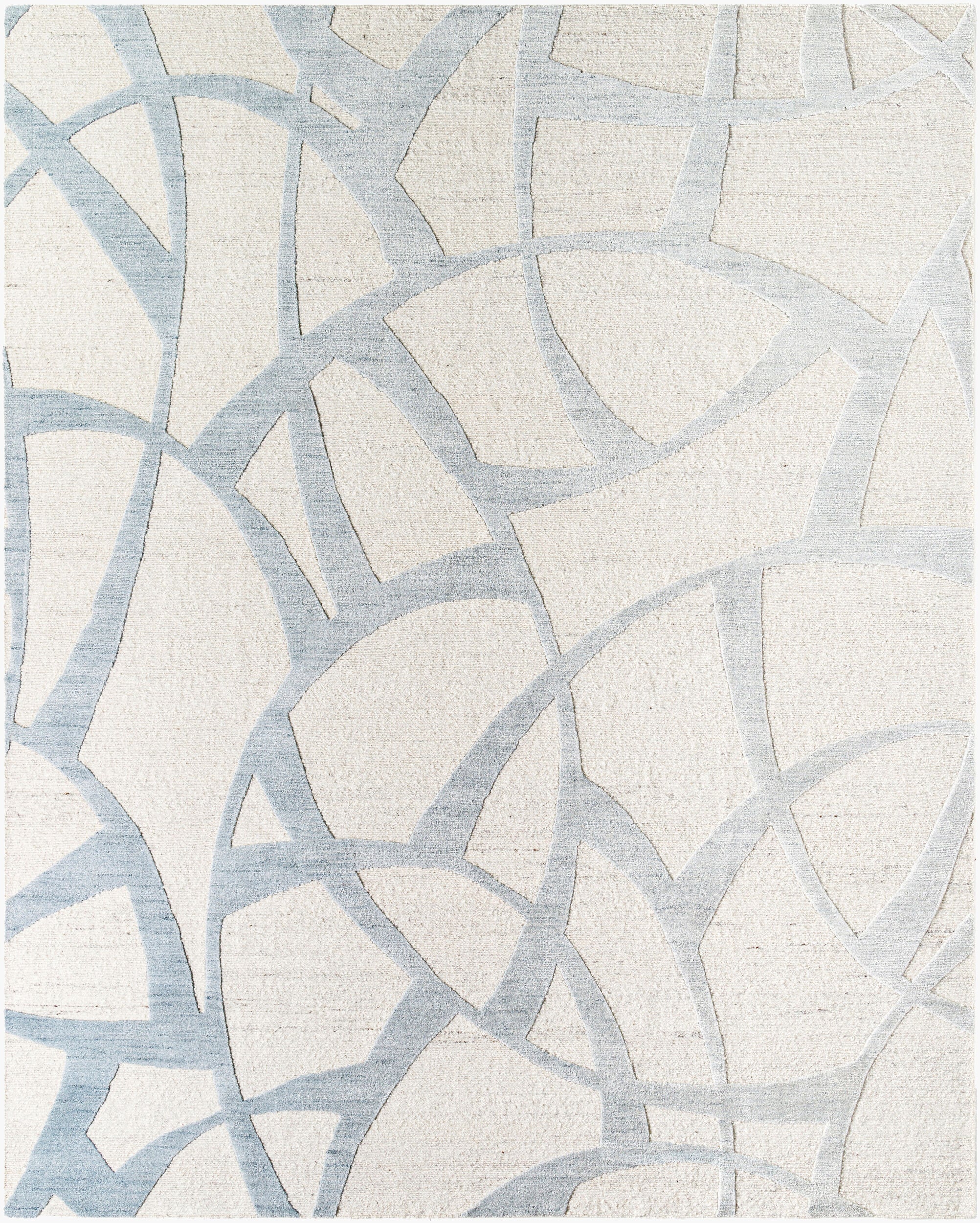 Hand-knotted ivory wool and bamboo silk rug with fractured ice-blue linear abstract pattern.