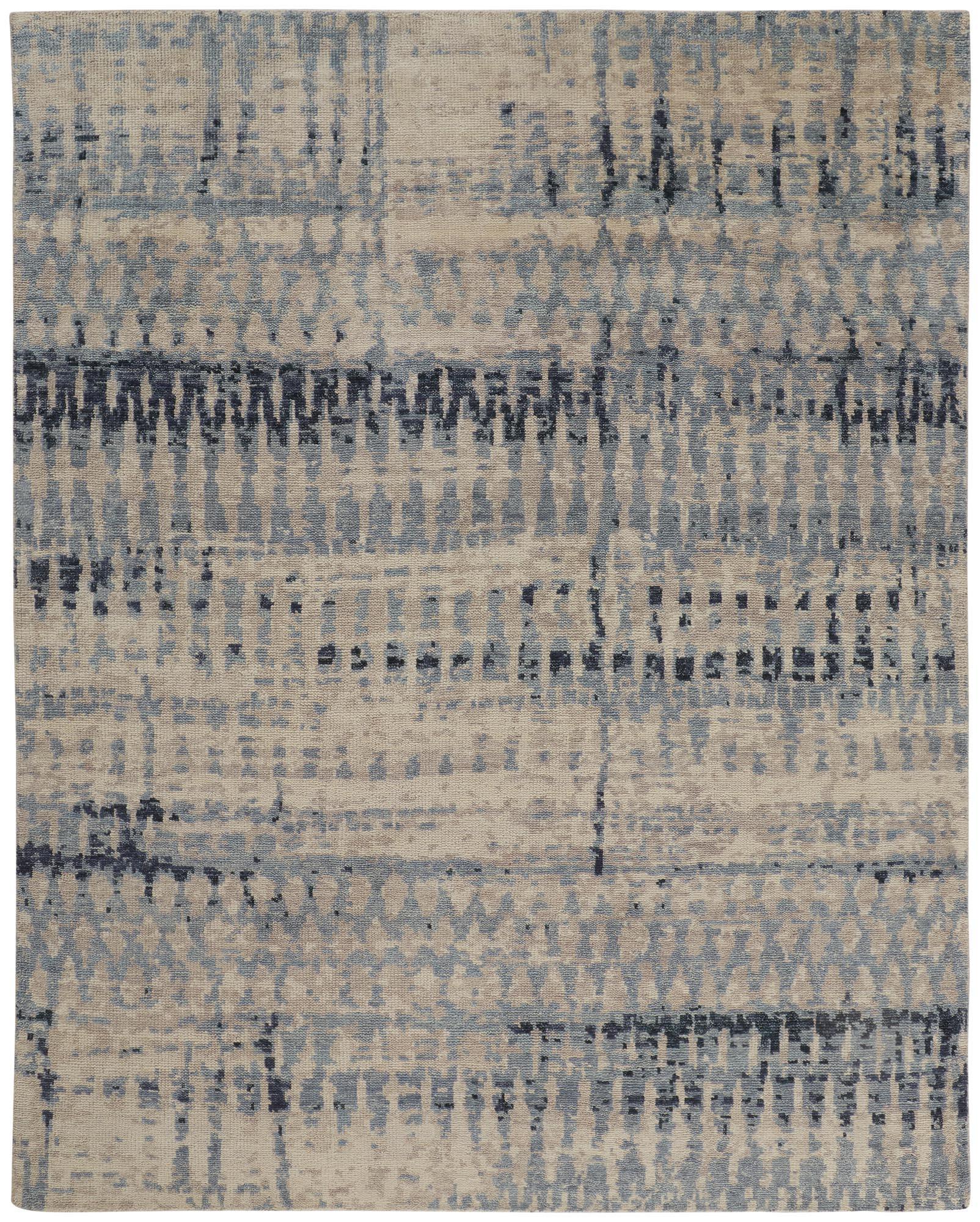 Palomar Hand Knot Abstract Area Rug, Light Beige/Denim Blue, 5x6in x 8x6in - Modern Rug Importers