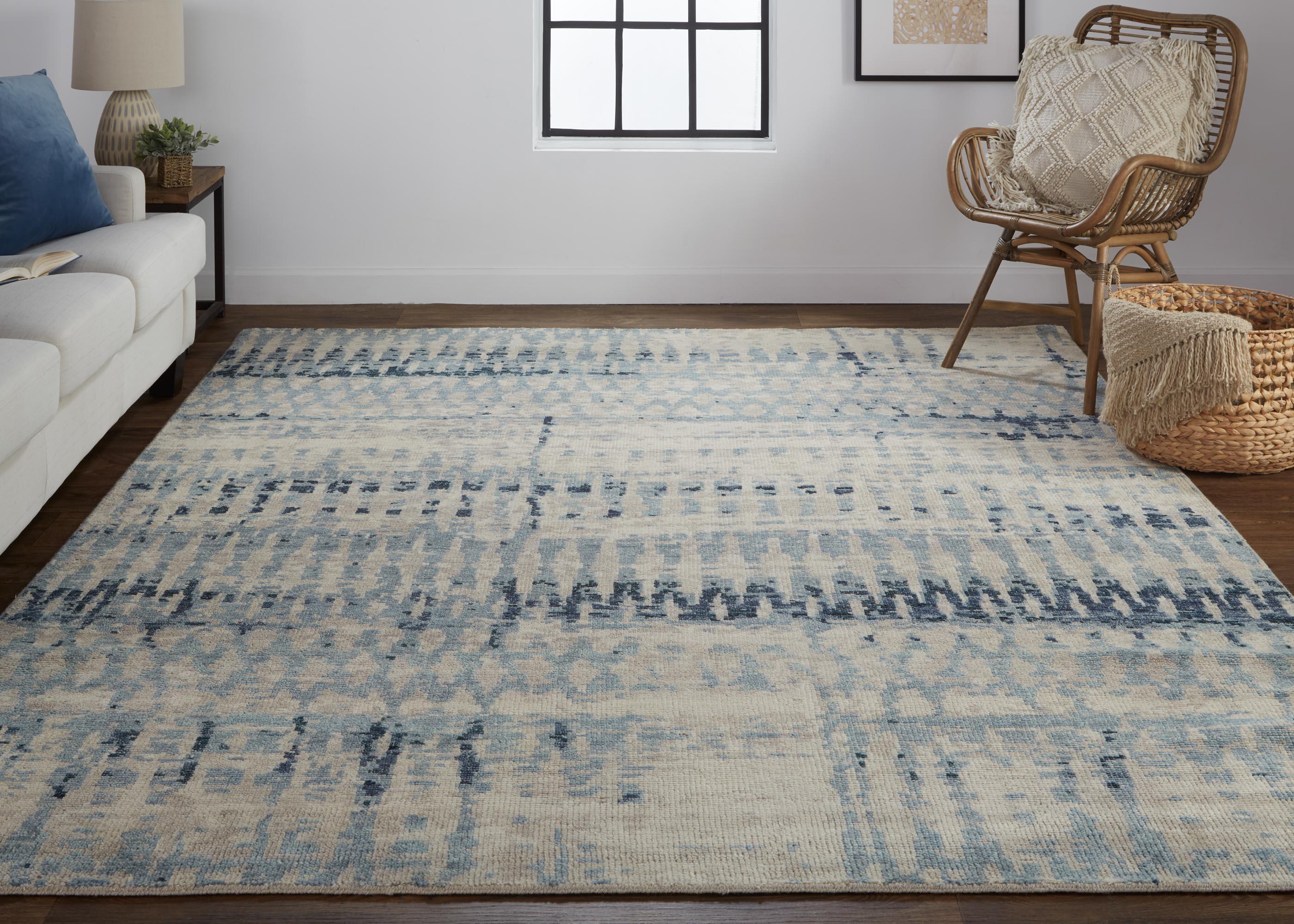 Palomar Hand Knot Abstract Area Rug, Light Beige/Denim Blue, 5x6in x 8x6in - Modern Rug Importers