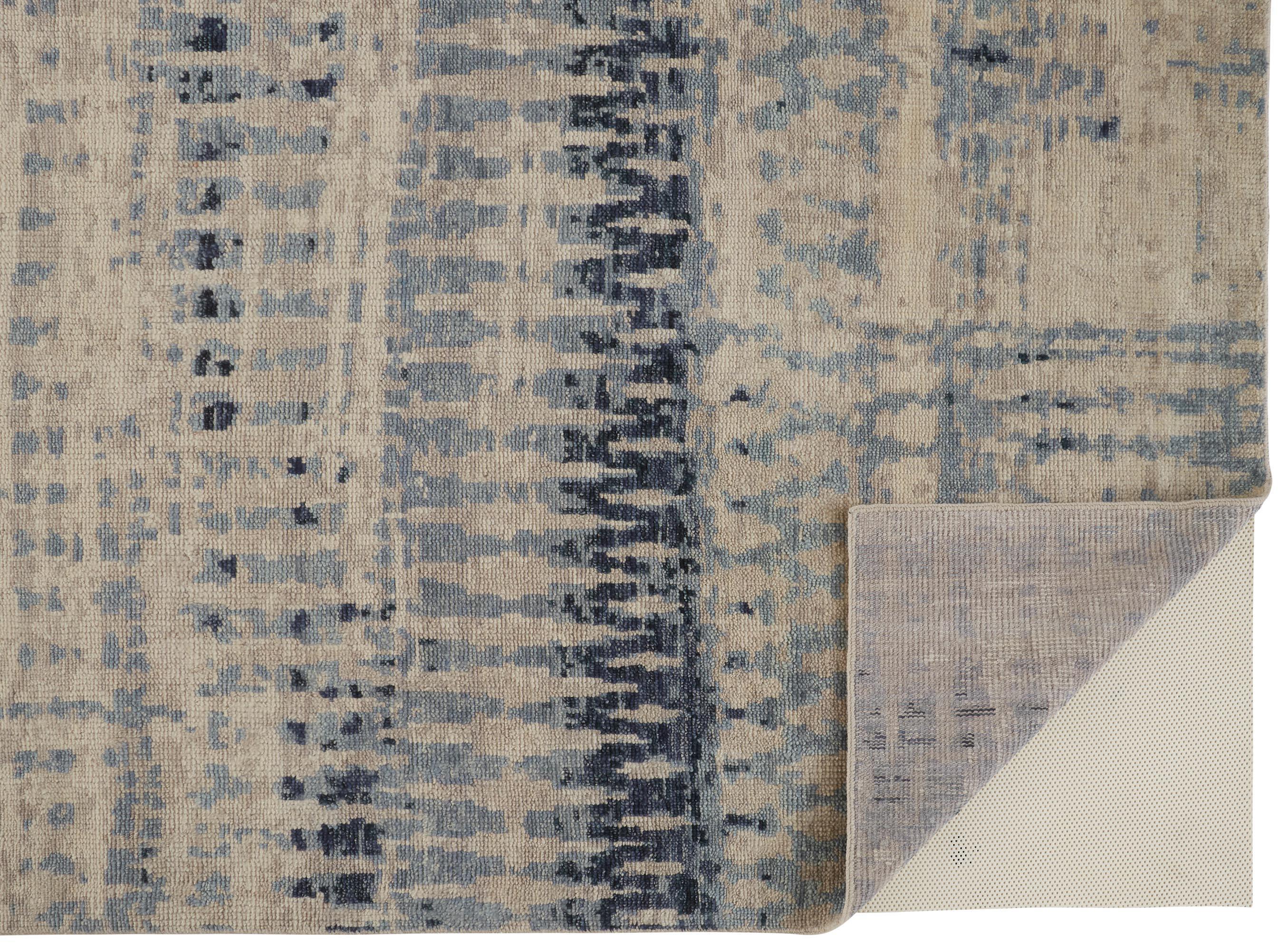 Palomar Hand Knot Abstract Area Rug, Light Beige/Denim Blue, 5x6in x 8x6in - Modern Rug Importers