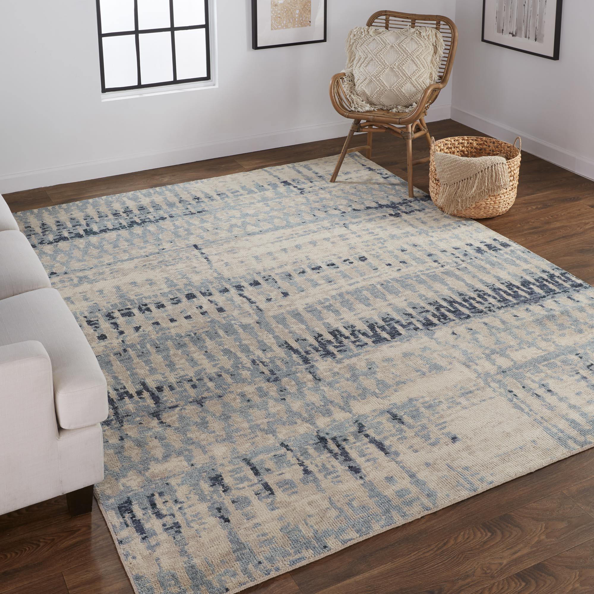 Palomar Hand Knot Abstract Area Rug, Light Beige/Denim Blue, 5x6in x 8x6in - Modern Rug Importers