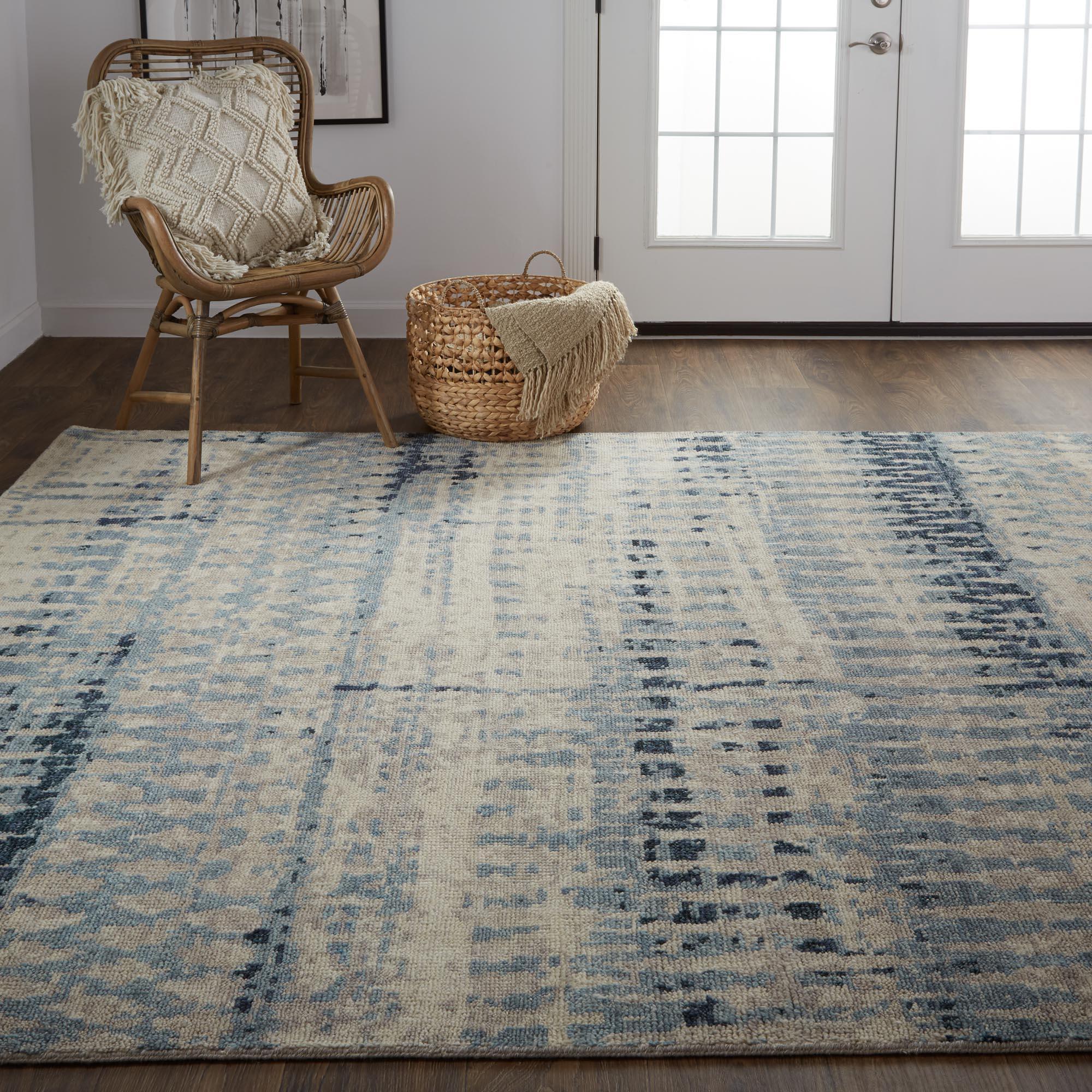 Palomar Hand Knot Abstract Area Rug, Light Beige/Denim Blue, 5x6in x 8x6in - Modern Rug Importers
