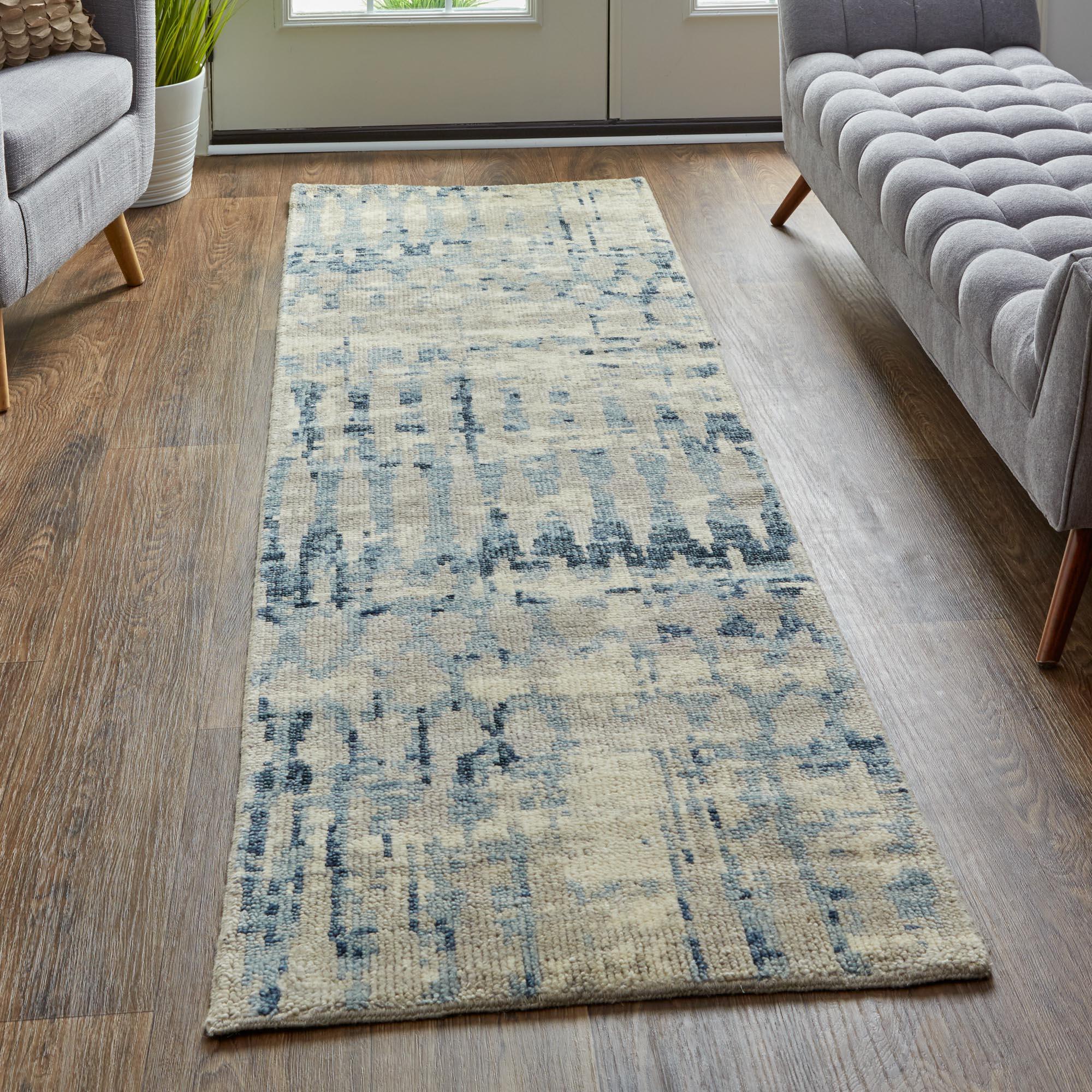 Palomar Hand Knot Abstract Area Rug, Light Beige/Denim Blue, 5x6in x 8x6in - Modern Rug Importers