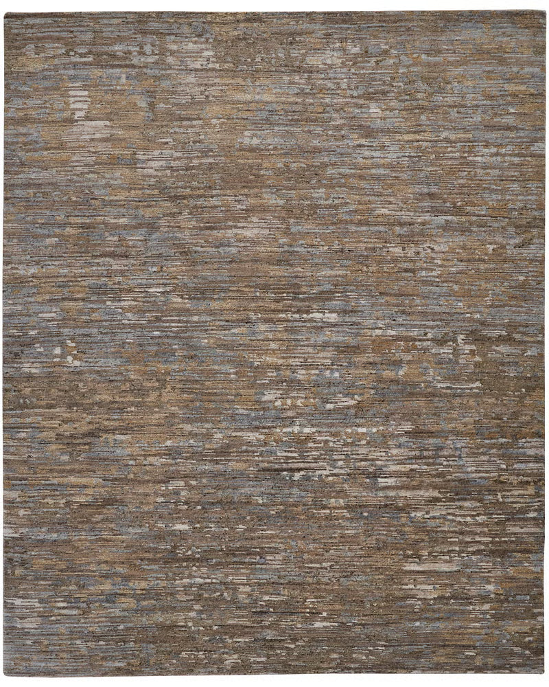 Brown hand-knotted wool and bamboo silk Reyland rug with an abstract linear pattern in blue, gray, taupe, gold, and cream, available in multiple sizes.