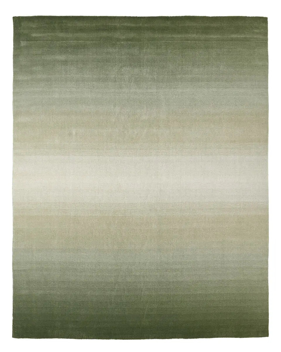 Moss green handwoven wool rug with a soft ombré gradient fading to sage, shown beneath a console table.