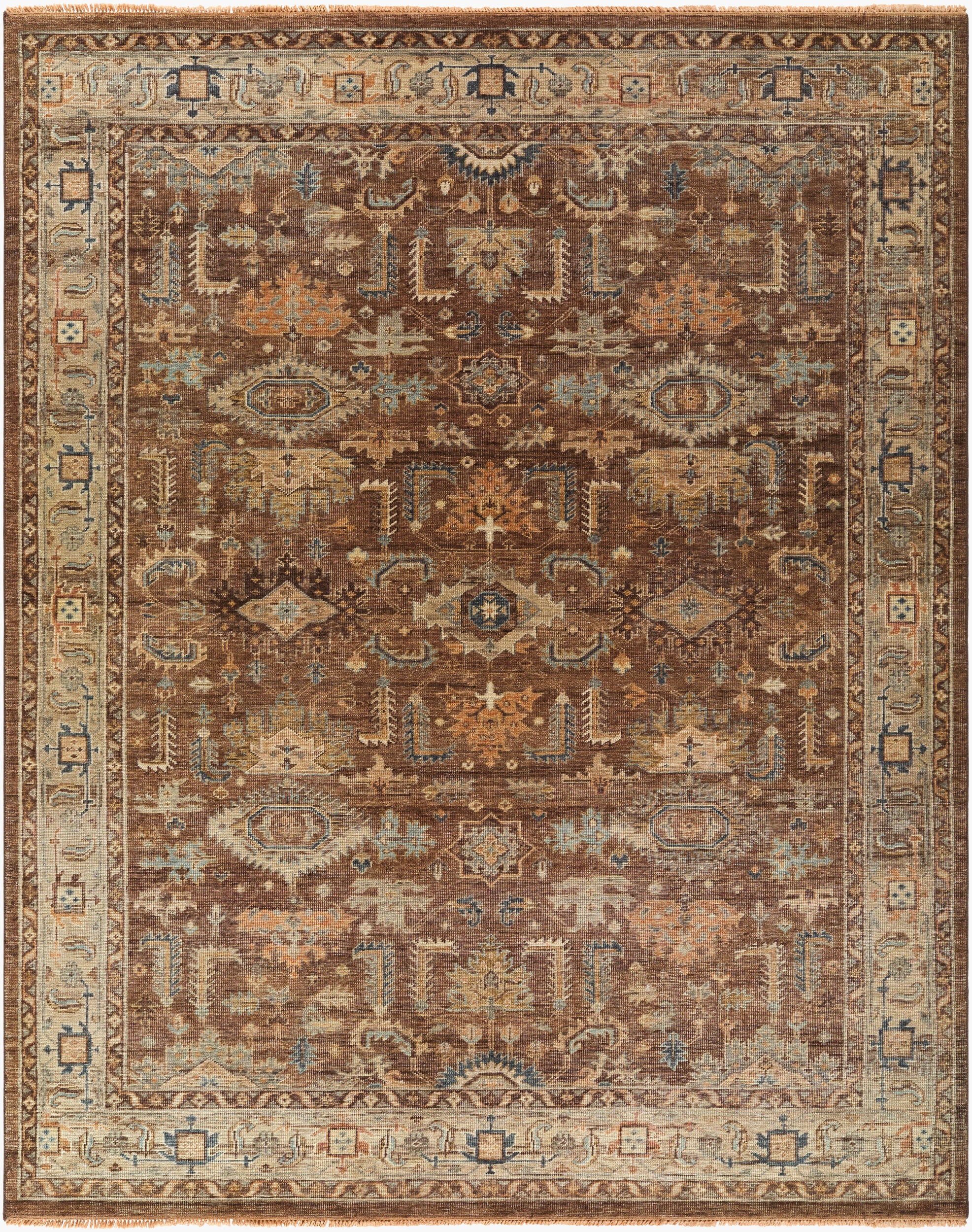 Brown handknotted wool rug with a Heriz-style geometric medallion pattern in ivory, blue, and rust, available in multiple sizes.