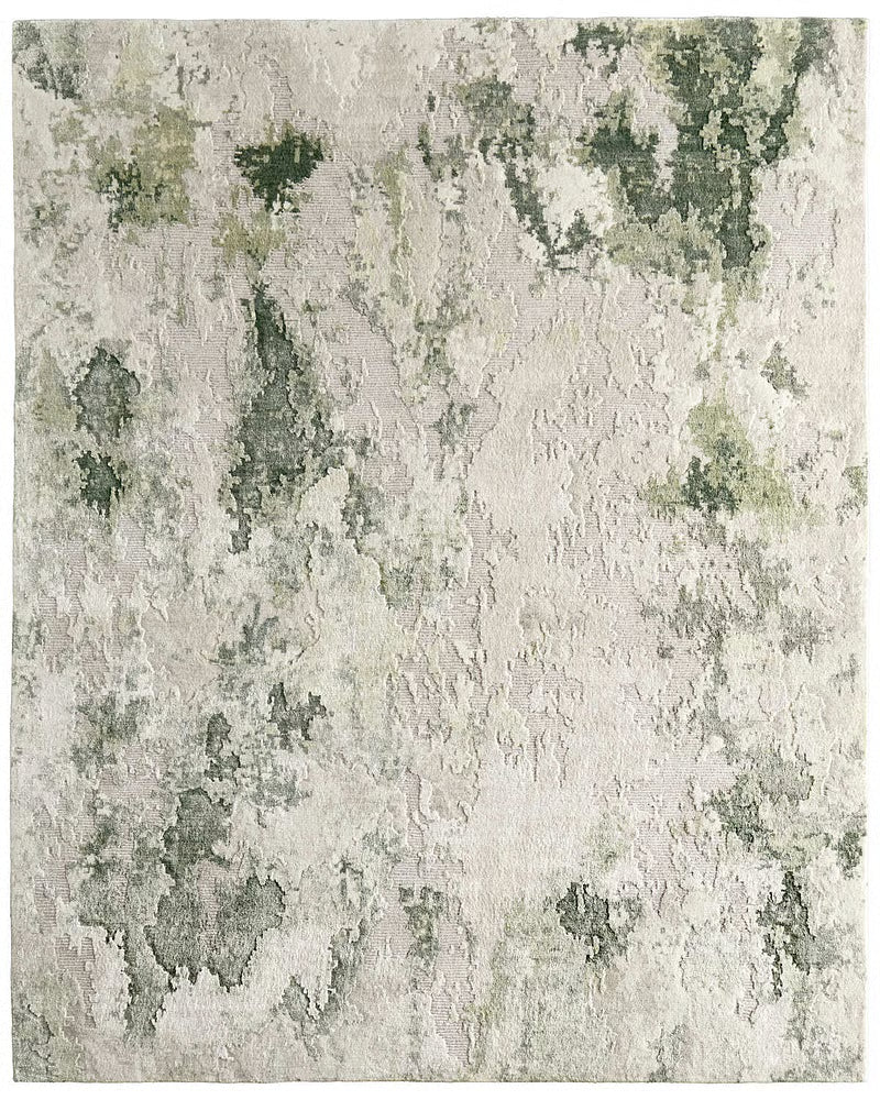 Ivory hand-knotted Glade rug with moss green, sage green, gray, and beige organic abstract patterns, crafted from New Zealand wool and bamboo silk and available in multiple sizes.