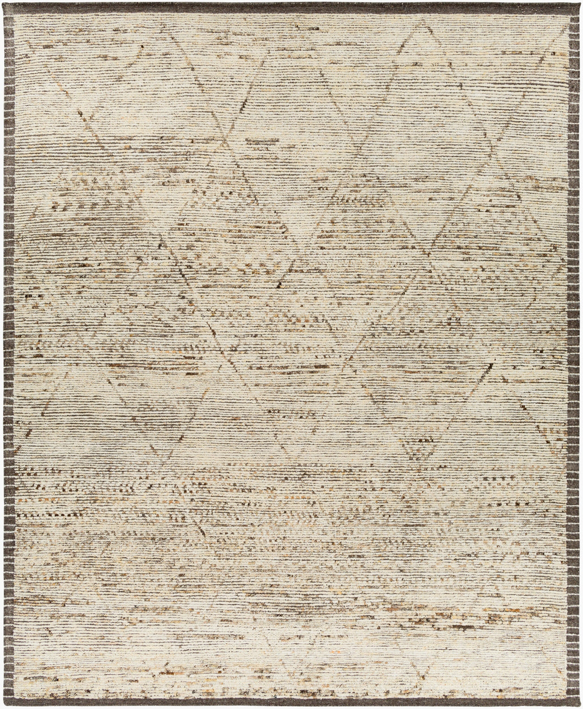 Beige handknotted wool rug with a brown diamond lattice pattern and striped border, shown on a wood floor.