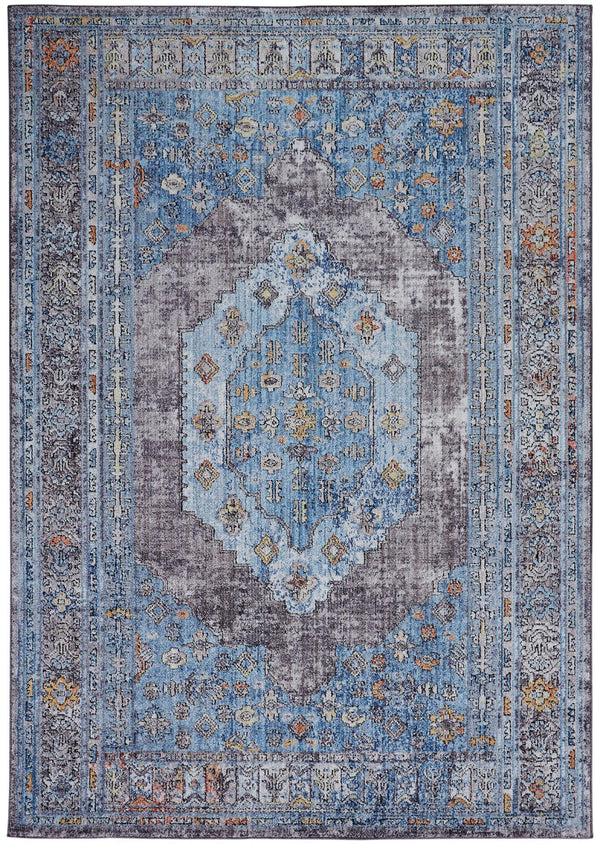 Armant Medallion Distressed Area Rug, Azure Blue/Light Gray, 5ft-3in x 7ft-6in - Modern Rug Importers
