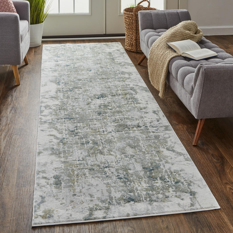 Atwell Contemporary Abstract Rug, Silver Gray/Green, 3ft x 8ft, Runner - Modern Rug Importers